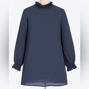 Blue Ruffled Long Sleeve Blouse with Mandarin Collar